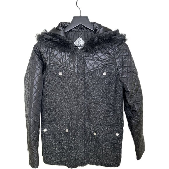 Volcom Women’s Jacket XS Black Quilted Faux Fur Hood Wool Blend Coat - Picture 2 of 10